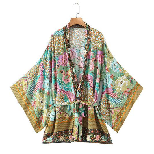 Vivian Vibrant Boho Beach Peacock Print Tie-Waist Kimono