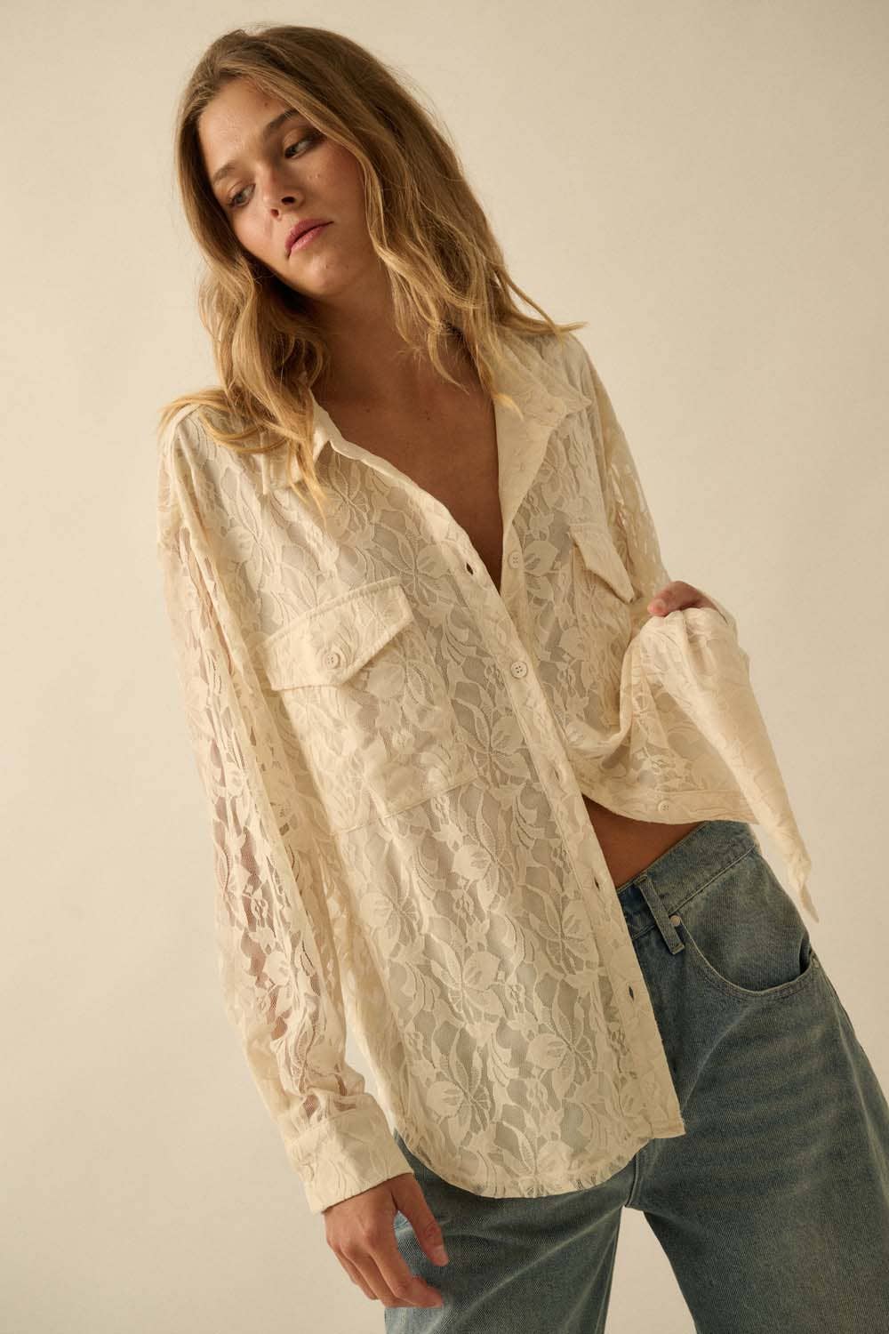 Francine Floral Lace Button-Up Pocket Shirt