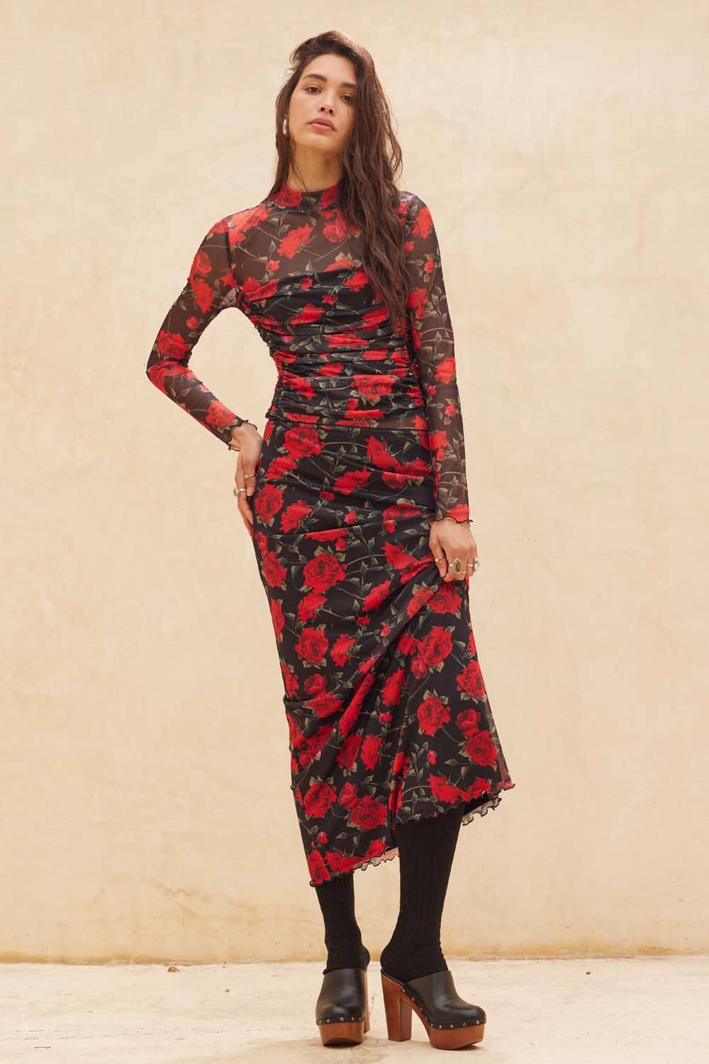 Ruby - Rose Print Mesh Straight Maxi Skirt