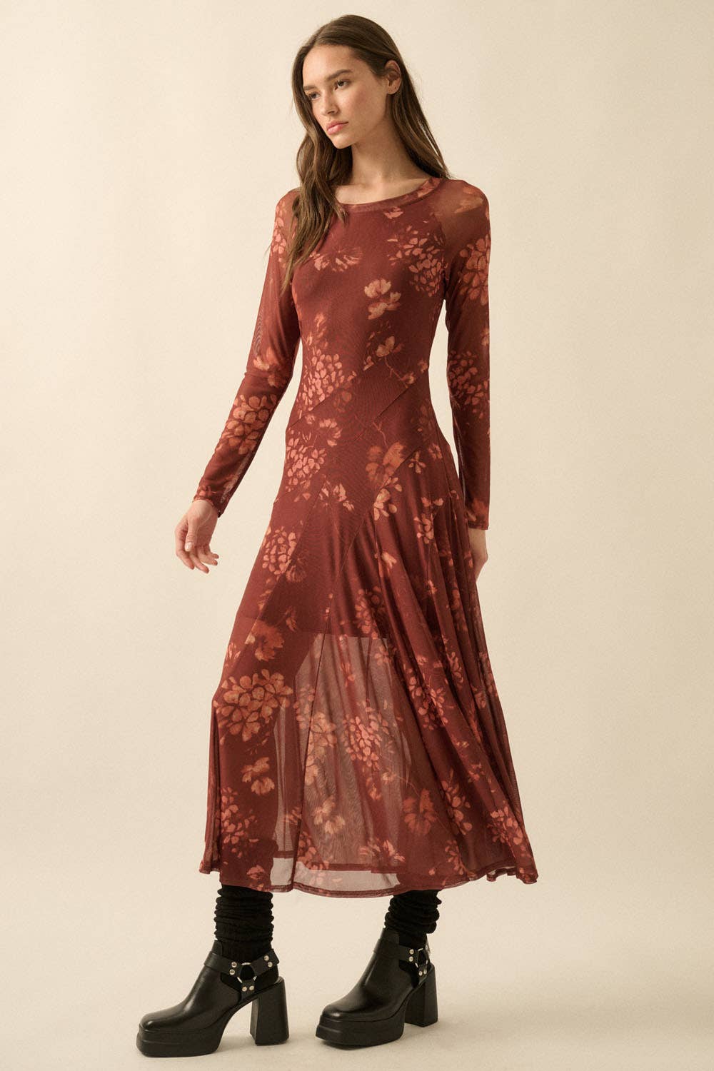 Harriet - Floral Mesh Asymmetrical Paneled Midi Dress