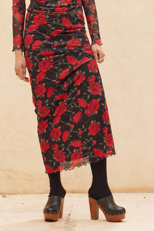 Ruby - Rose Print Mesh Straight Maxi Skirt