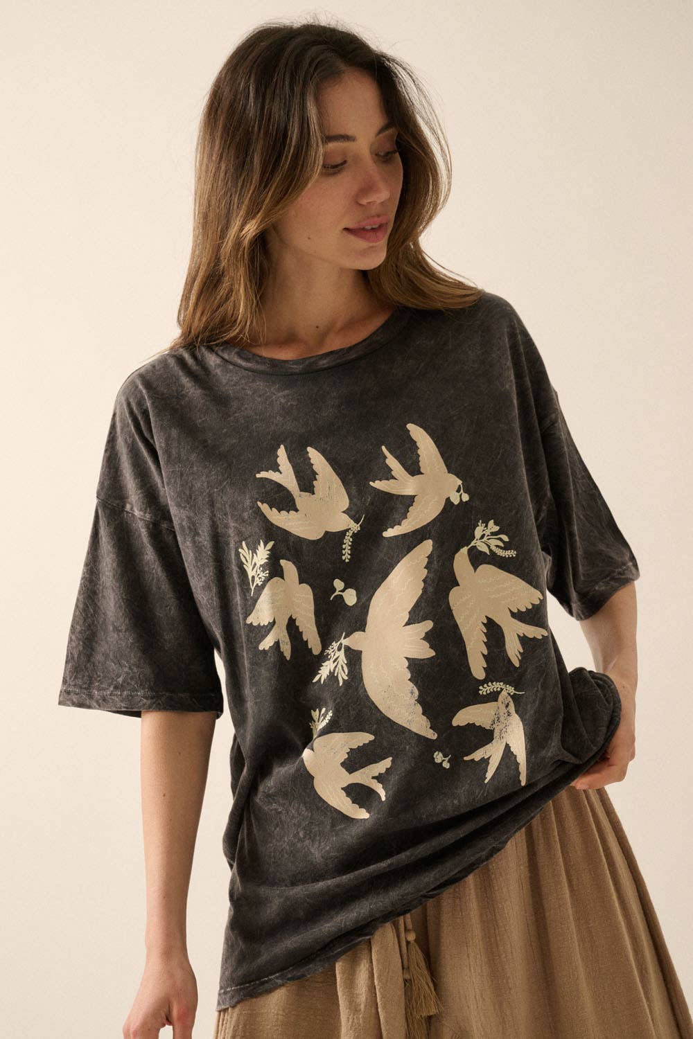 Val - Vintage Birds Mineral Washed Oversized Graphic Tee