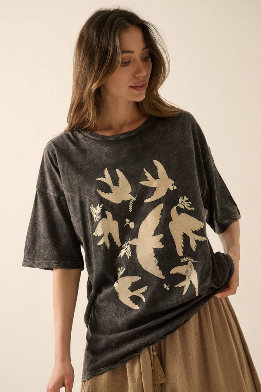 Val - Vintage Birds Mineral Washed Oversized Graphic Tee