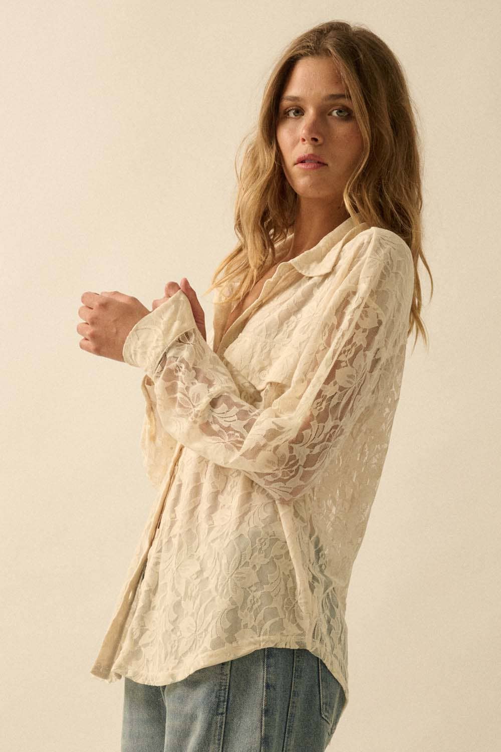 Francine Floral Lace Button-Up Pocket Shirt
