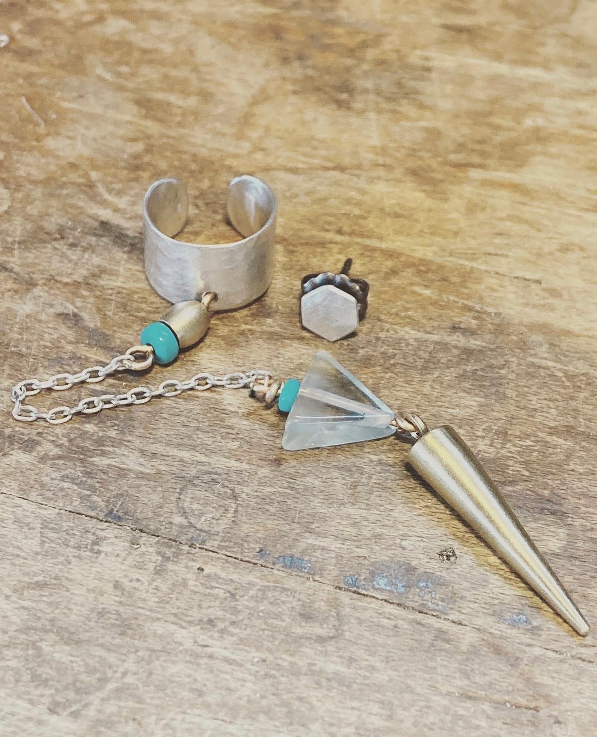 Ear Cuff with chain and stud - turquoise, rose quartz and brass stud beading