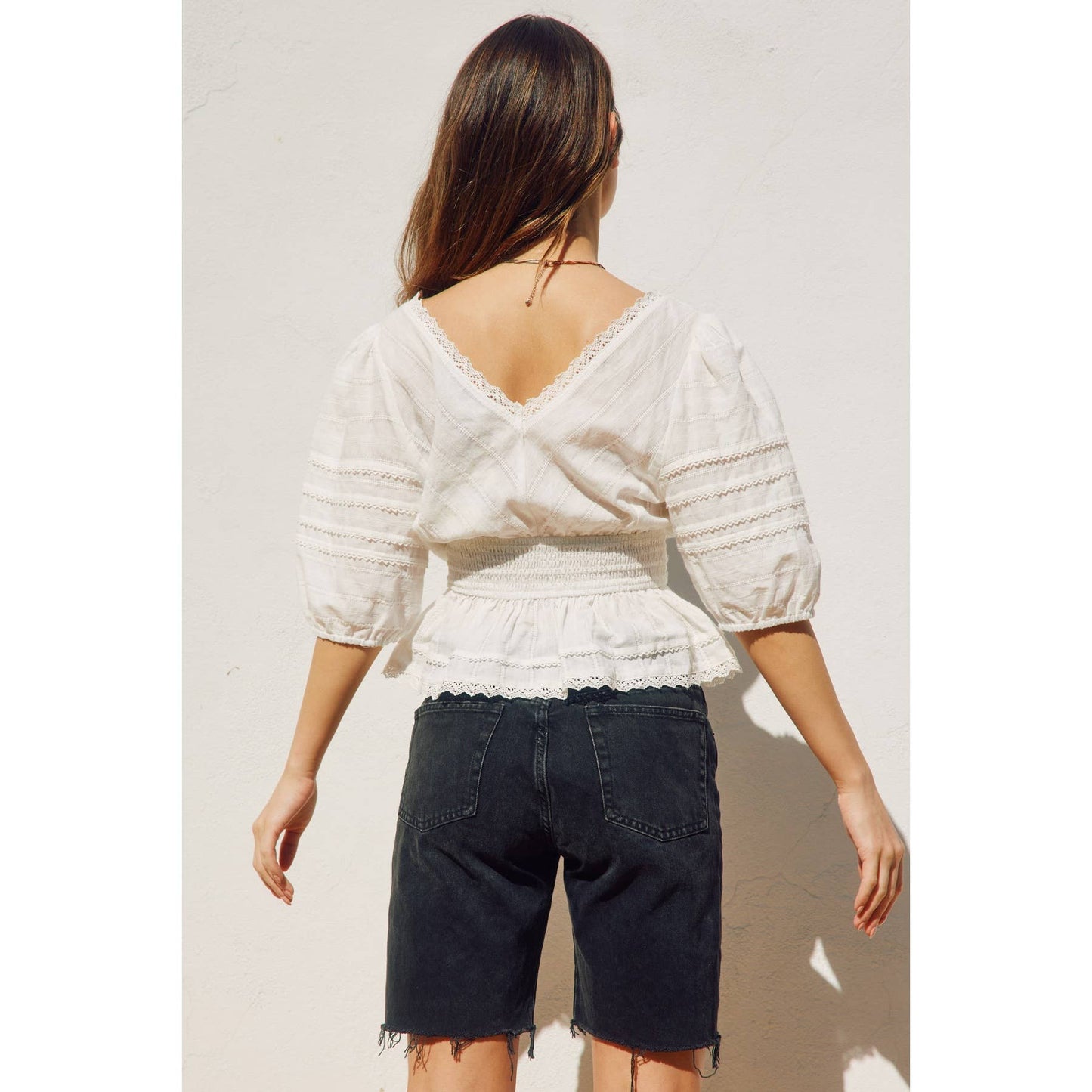 Pearl - Lacy Cotton Jacquard Smocked Waist Peplum Top