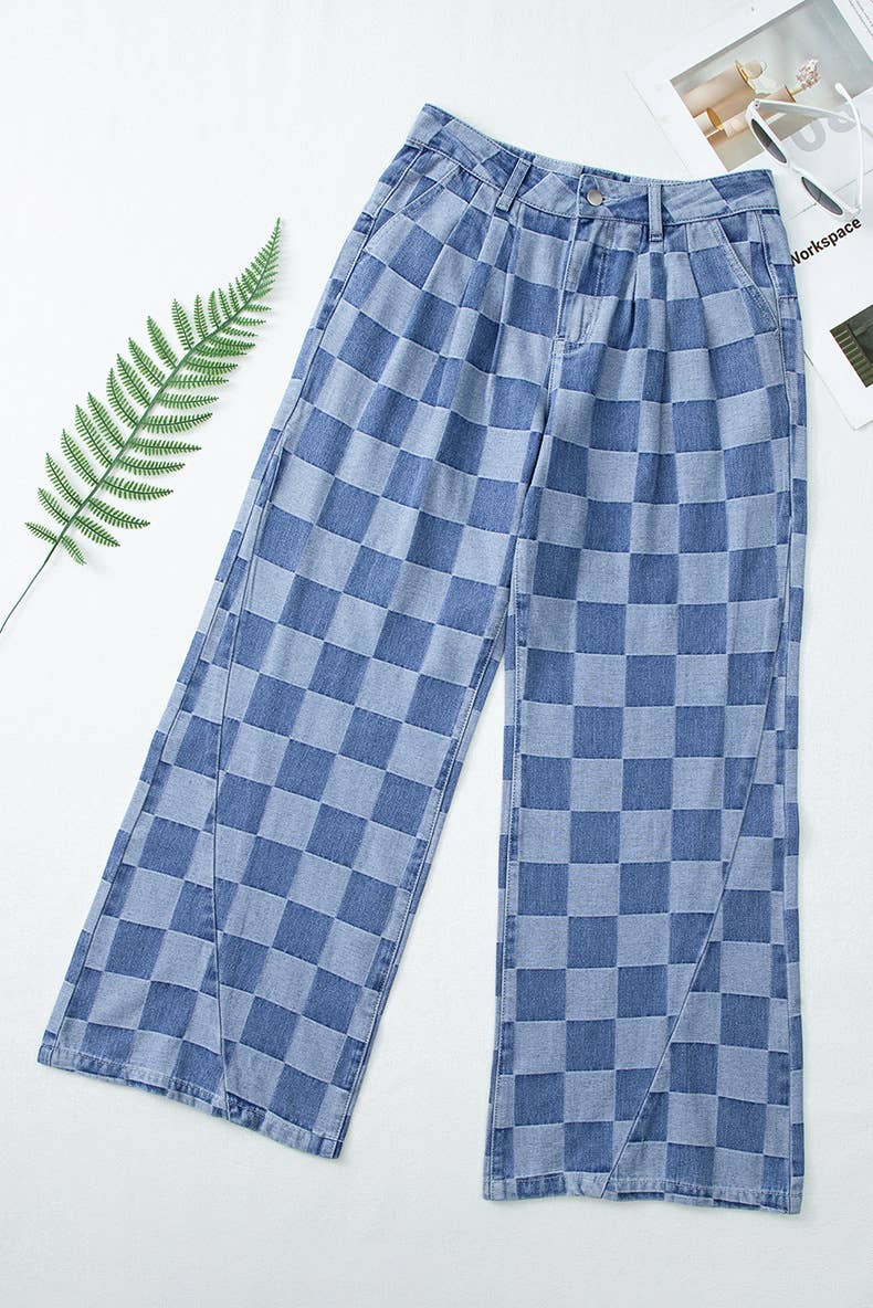 Cora - checkerboard high-waist wide-leg jeans