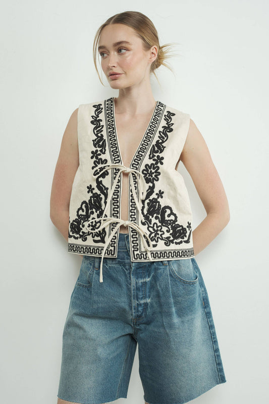 Portia Embroidered Vest Jacket With Tie