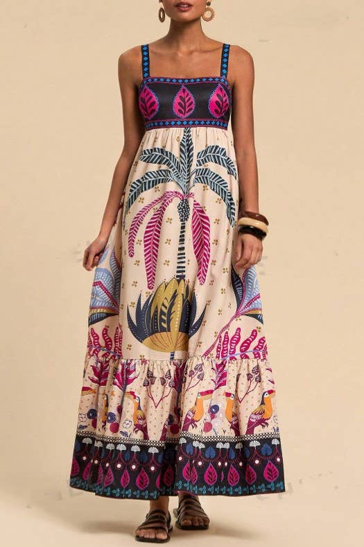 Nerida - Bohemia Tropical totem print strappy flare dress