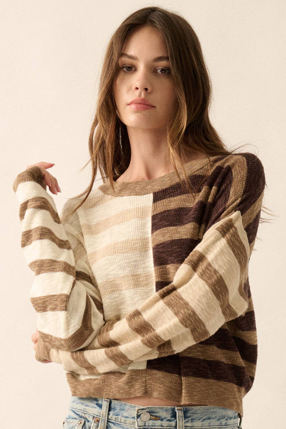 Claire - Contrast Color Stripes Ribbed-Knit Sweater