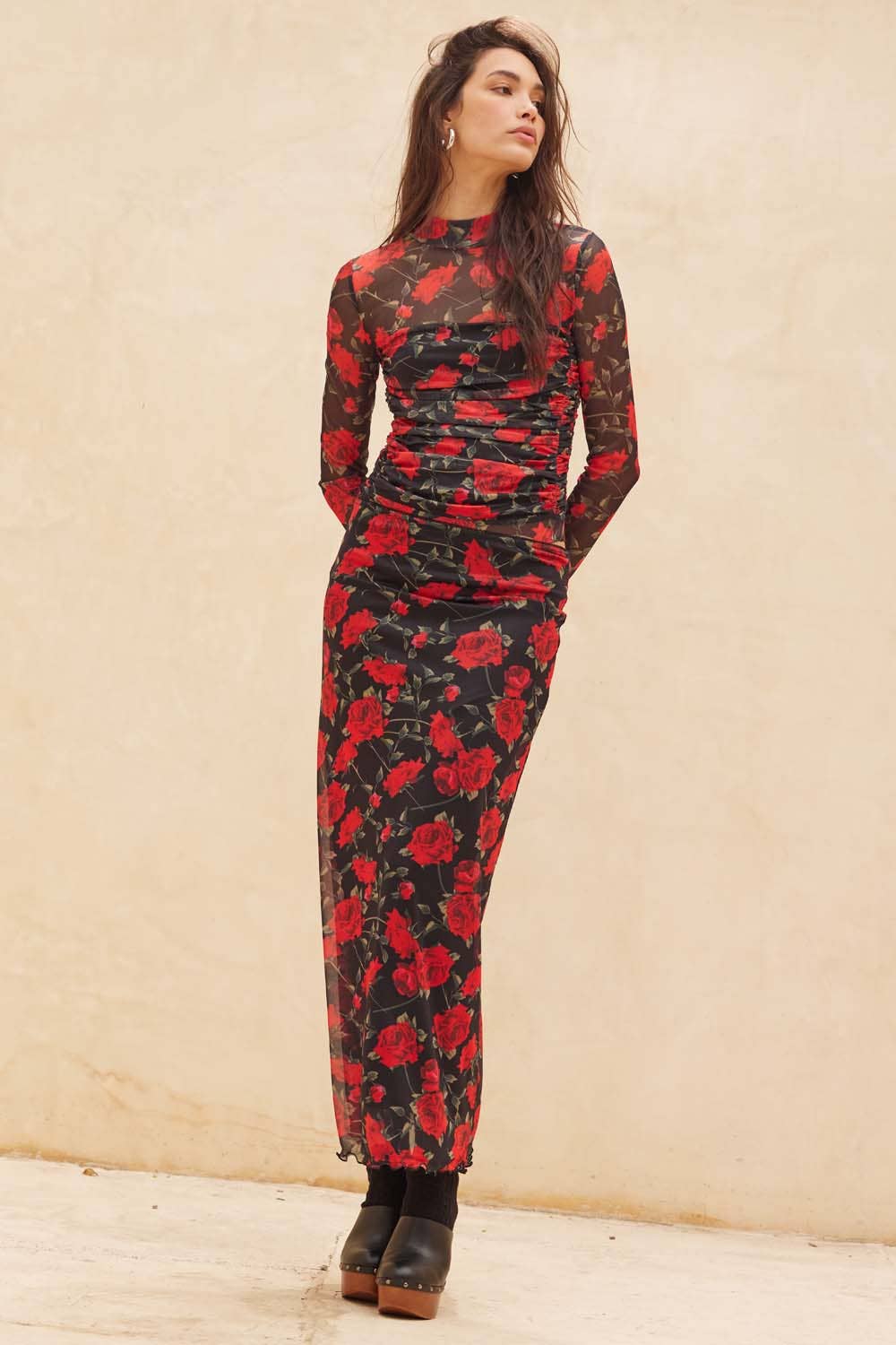 Ruby - Rose Print Mesh Straight Maxi Skirt