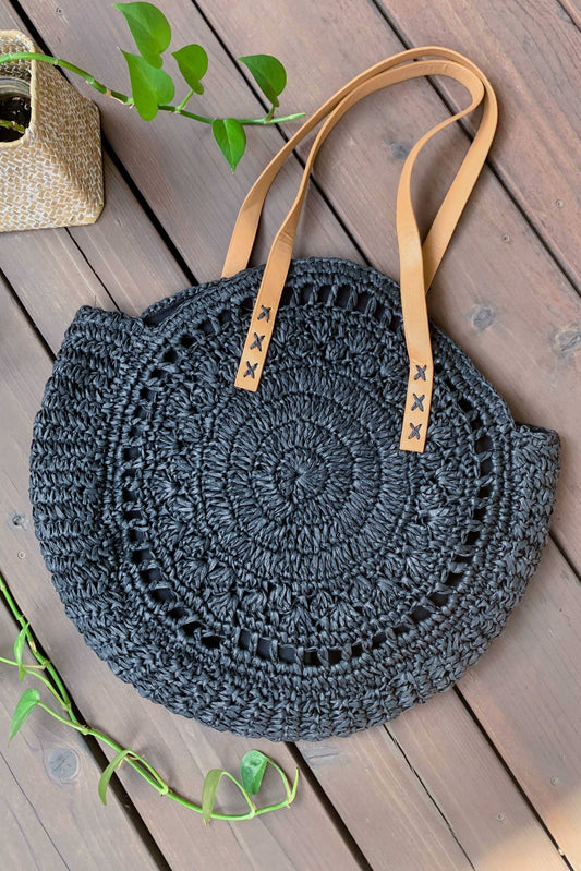 Black Summer Straw Natural Beach Casual Lightweight Tote Bag