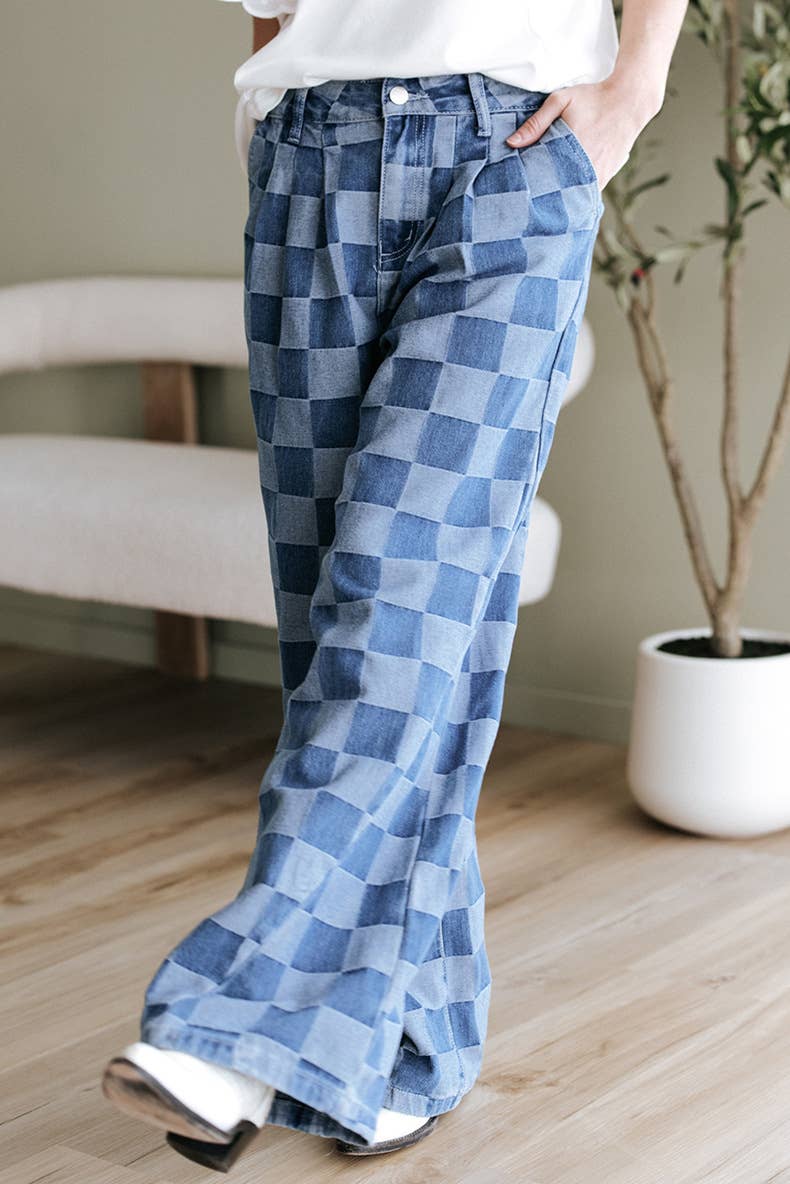 Cora - checkerboard high-waist wide-leg jeans