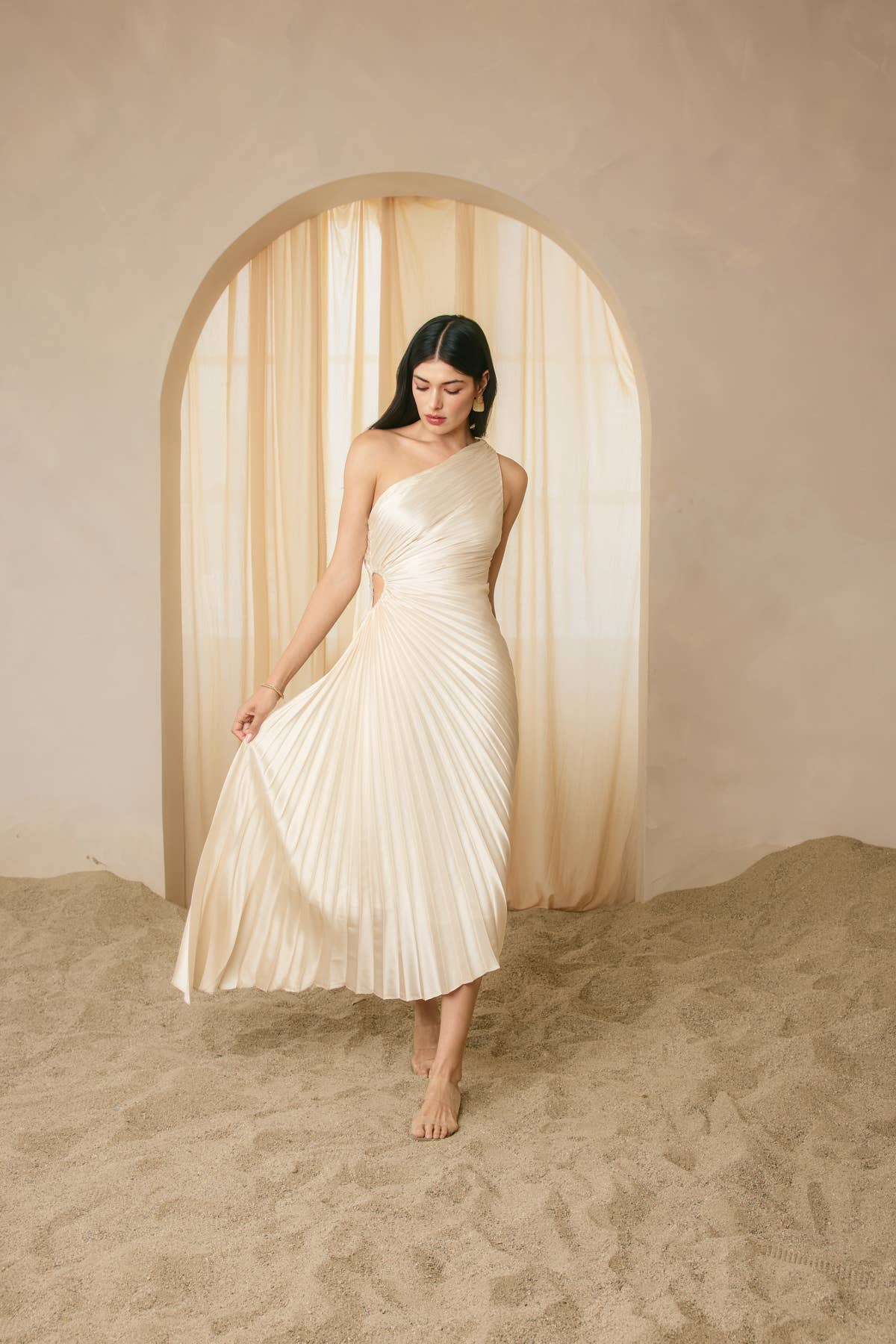 Olympia Asymmetrical Pleated Maxi Dress