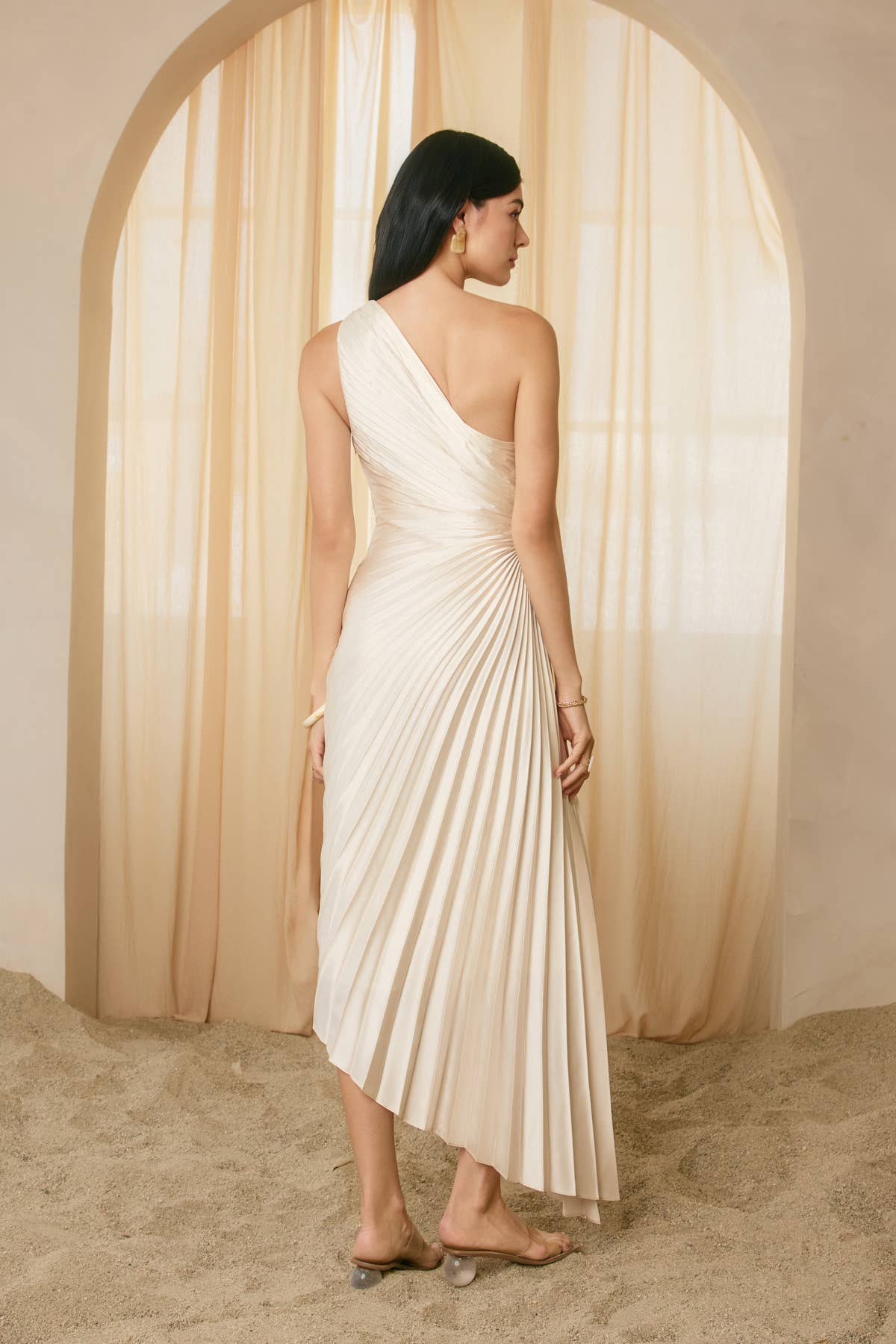 Olympia Asymmetrical Pleated Maxi Dress