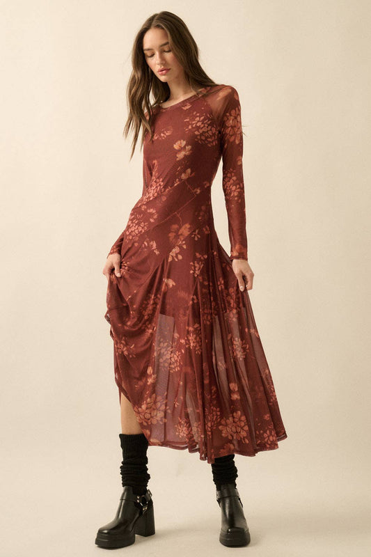 Harriet - Floral Mesh Asymmetrical Paneled Midi Dress