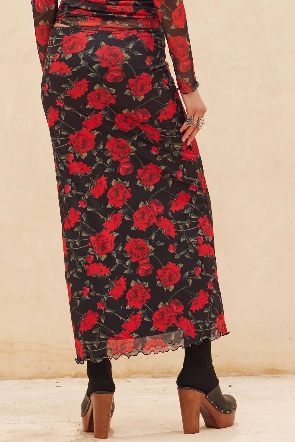 Ruby - Rose Print Mesh Straight Maxi Skirt
