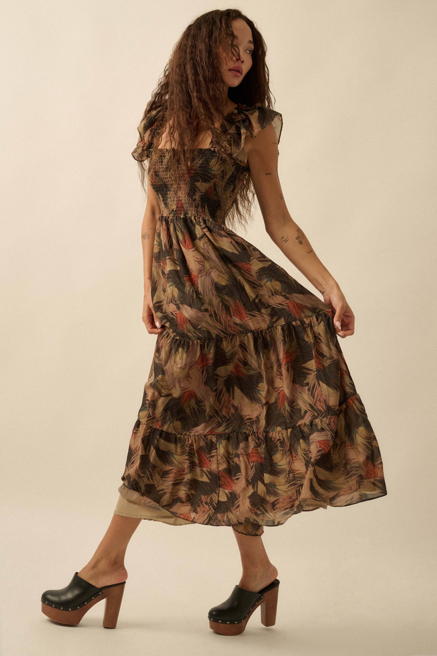 Elaine Abstract-Print Smocked Ruffle Midi Dress