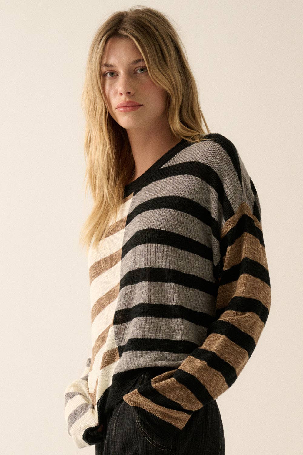 Claire - Contrast Color Stripes Ribbed-Knit Sweater