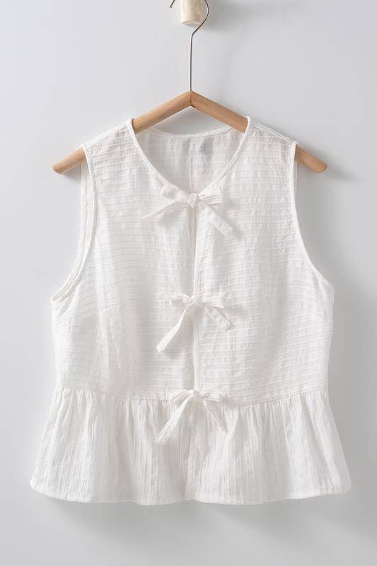Robin -Romantic Triple Bow Front Textured White Babydoll Vest