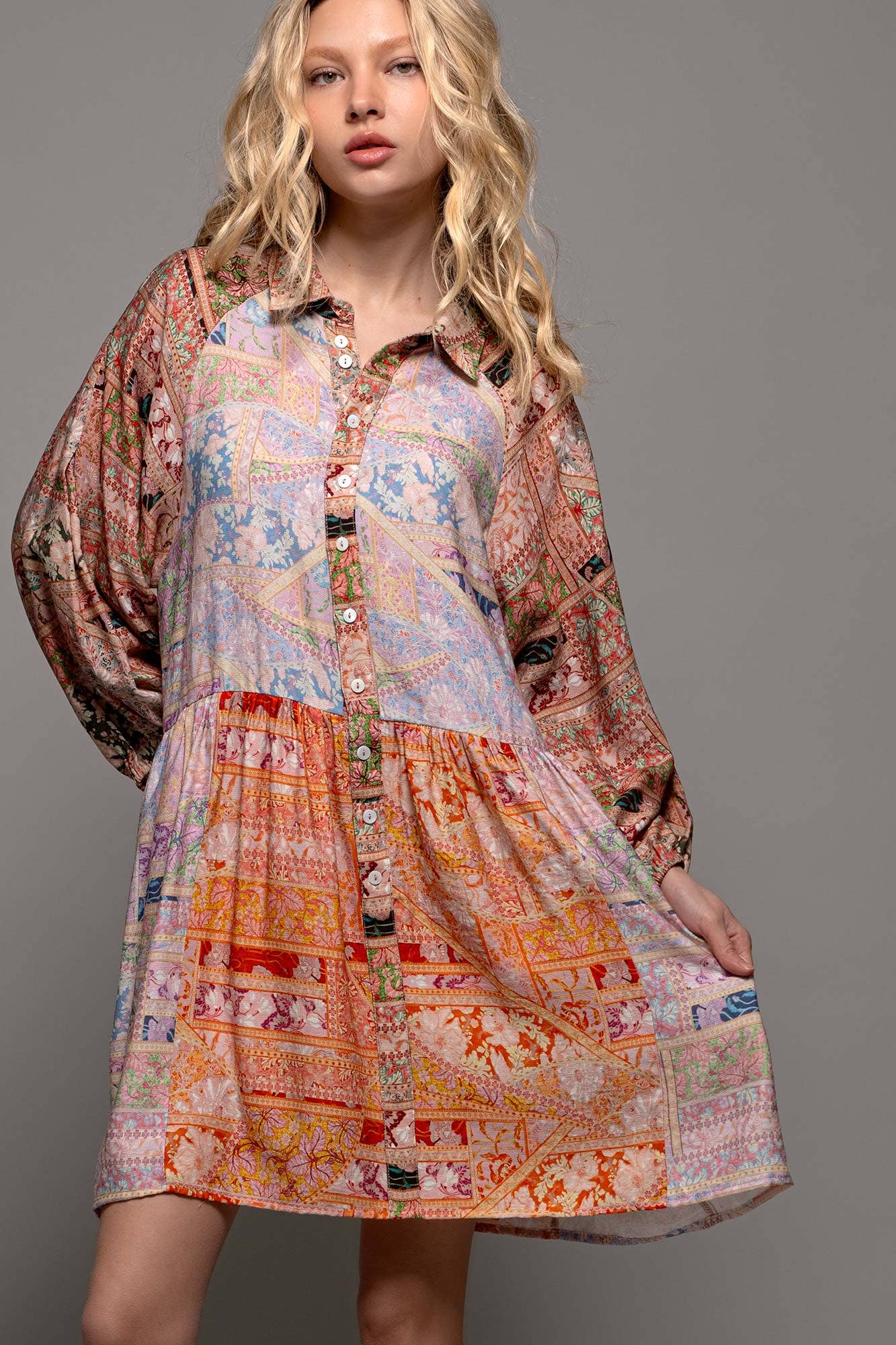 Retro Bohemian Button Down Balloon Sleeve Mini Dress