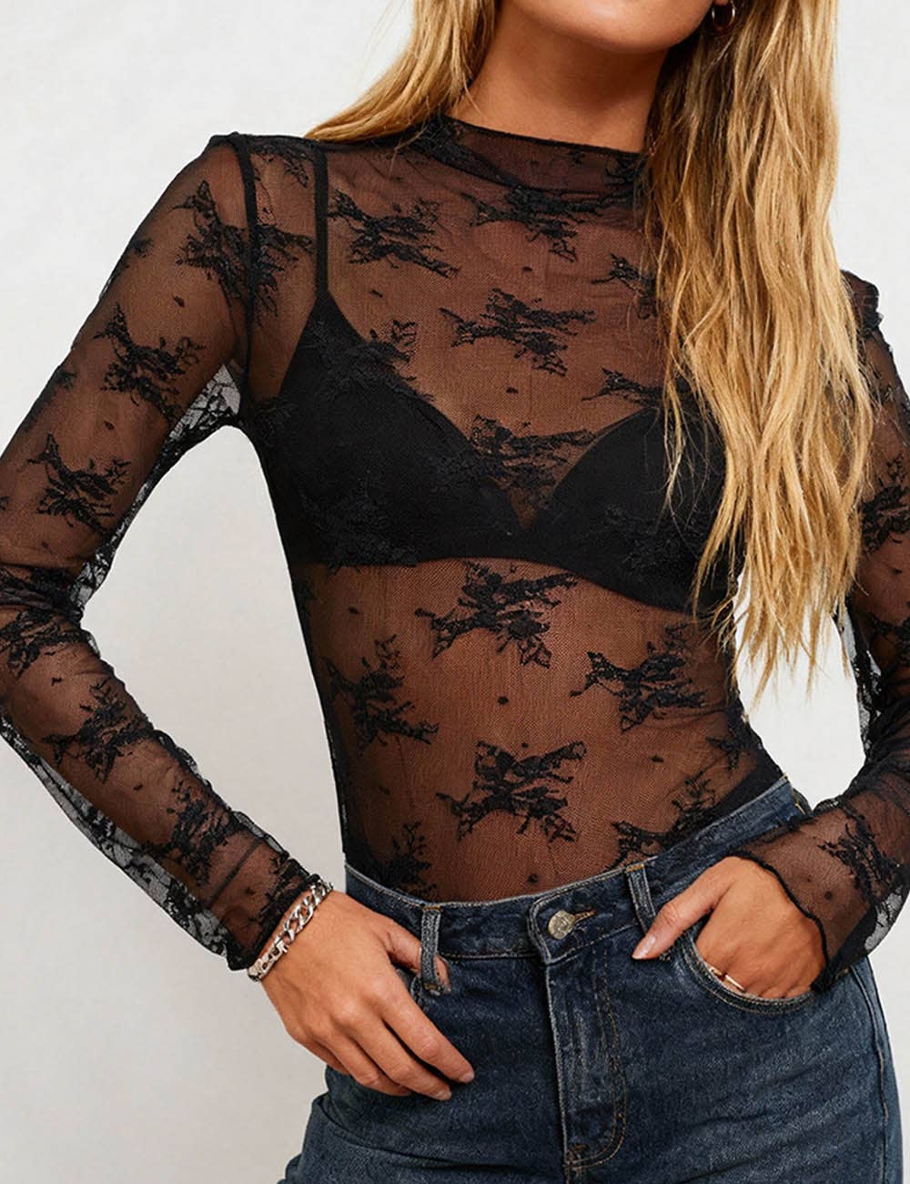 Lux Lace Sheer Long-Sleeve Top