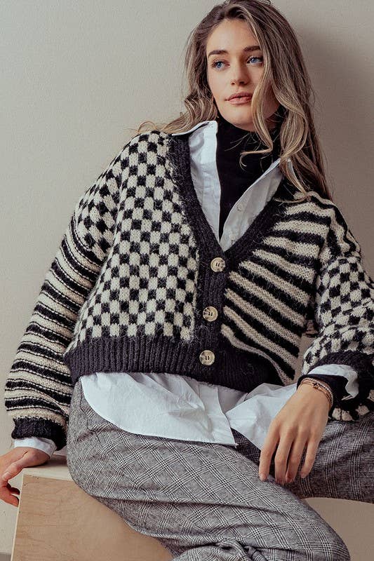 Blu Pepper-Chloe - Checkered and Striped Boxy Fit Cardigan