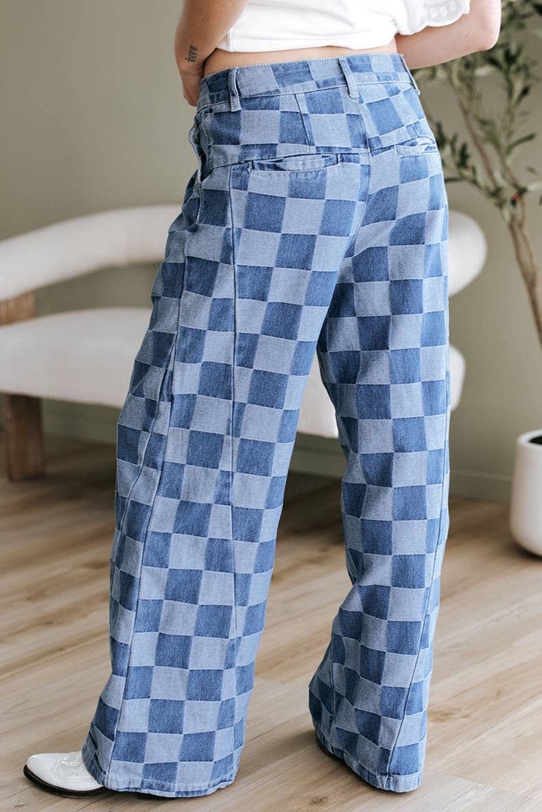 Cora - checkerboard high-waist wide-leg jeans