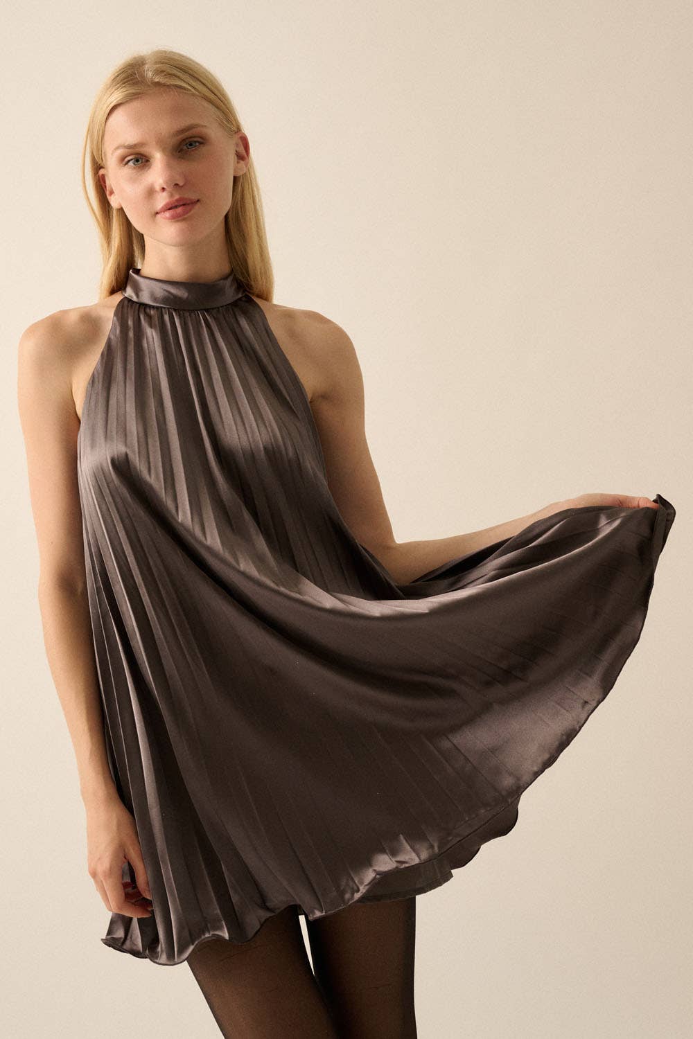 Staci - Satin Accordion-Pleated Halter Swing Dress