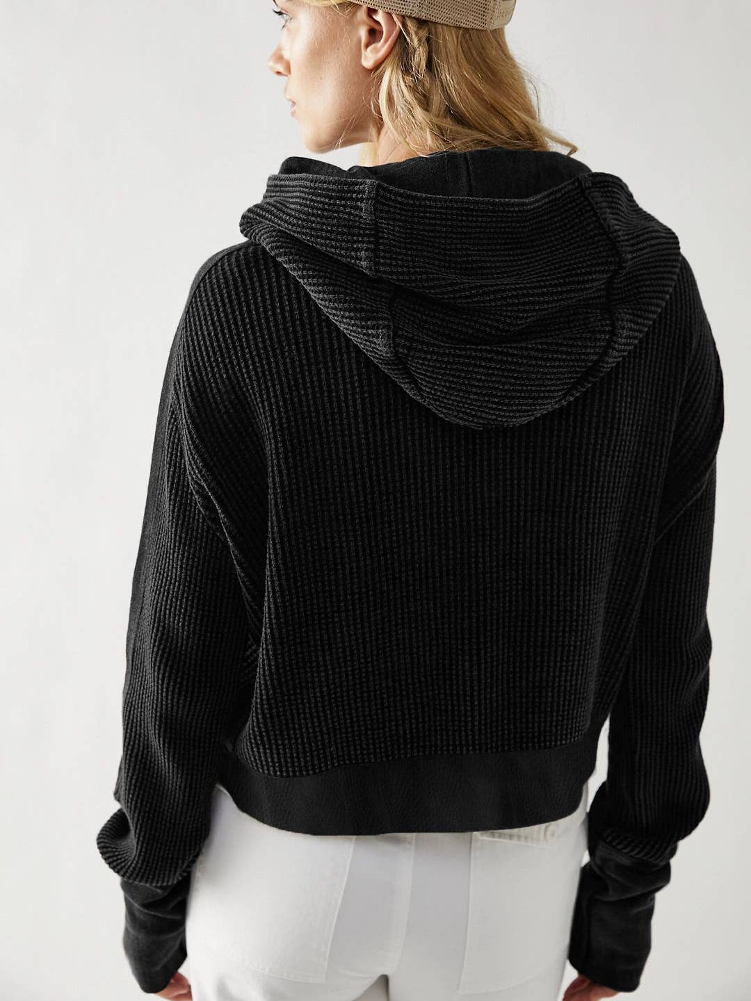 Marisol - Half button zip up waffle crop hoodie sweatshirt jacket