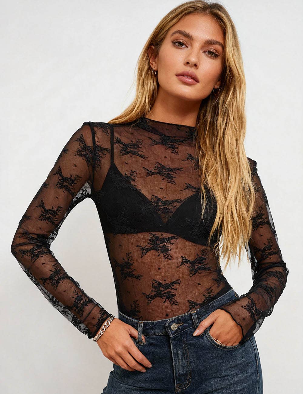 Lux Lace Sheer Long-Sleeve Top