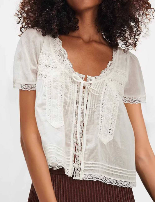 Britney Square Neck Lace Front Tie Top