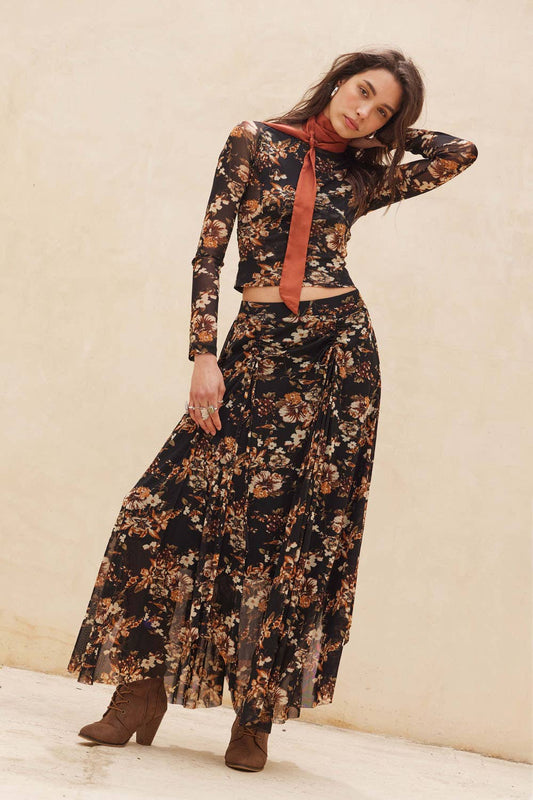 Joanna Floral-Print Mesh Ruched Handkerchief Maxi Skirt