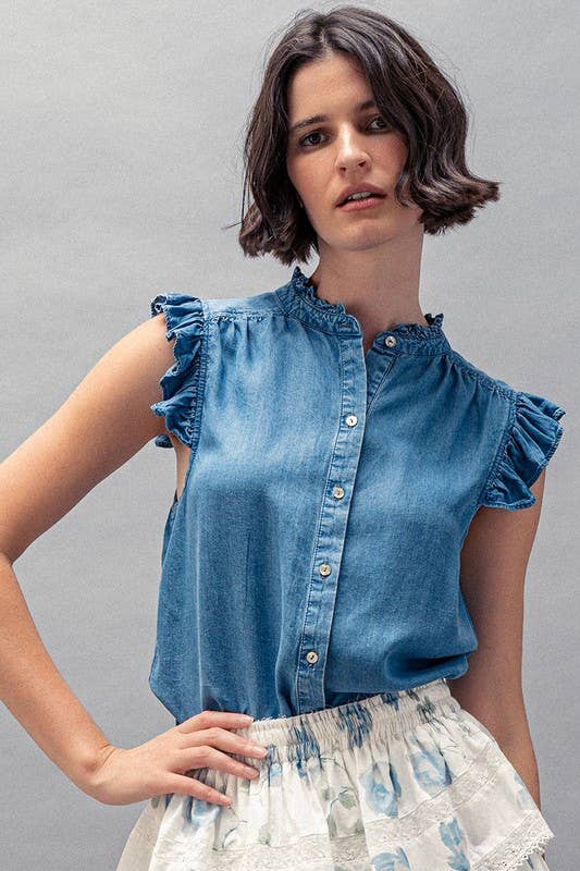 Felicia - Flutter Sleeve Pearl Button Ruffle Trim Tencel Denim Top
