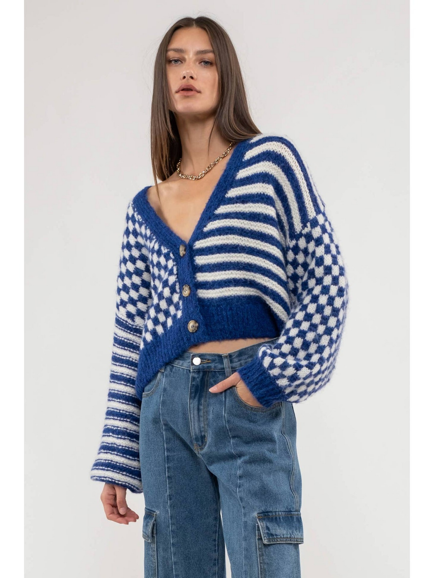 Blu Pepper-Chloe - Checkered and Striped Boxy Fit Cardigan