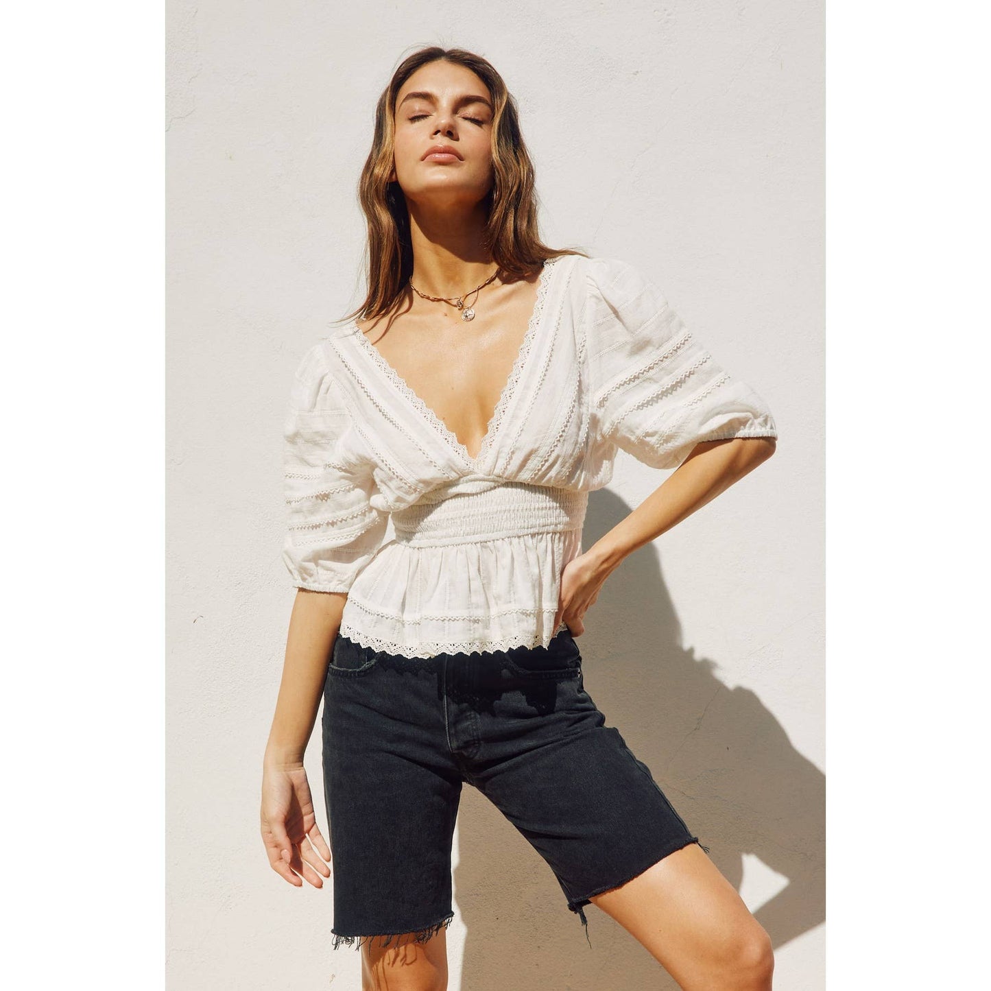 Pearl - Lacy Cotton Jacquard Smocked Waist Peplum Top