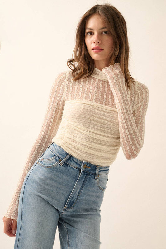 Whitney Striped Floral Lace Ruched Mock-Neck Bodysuit