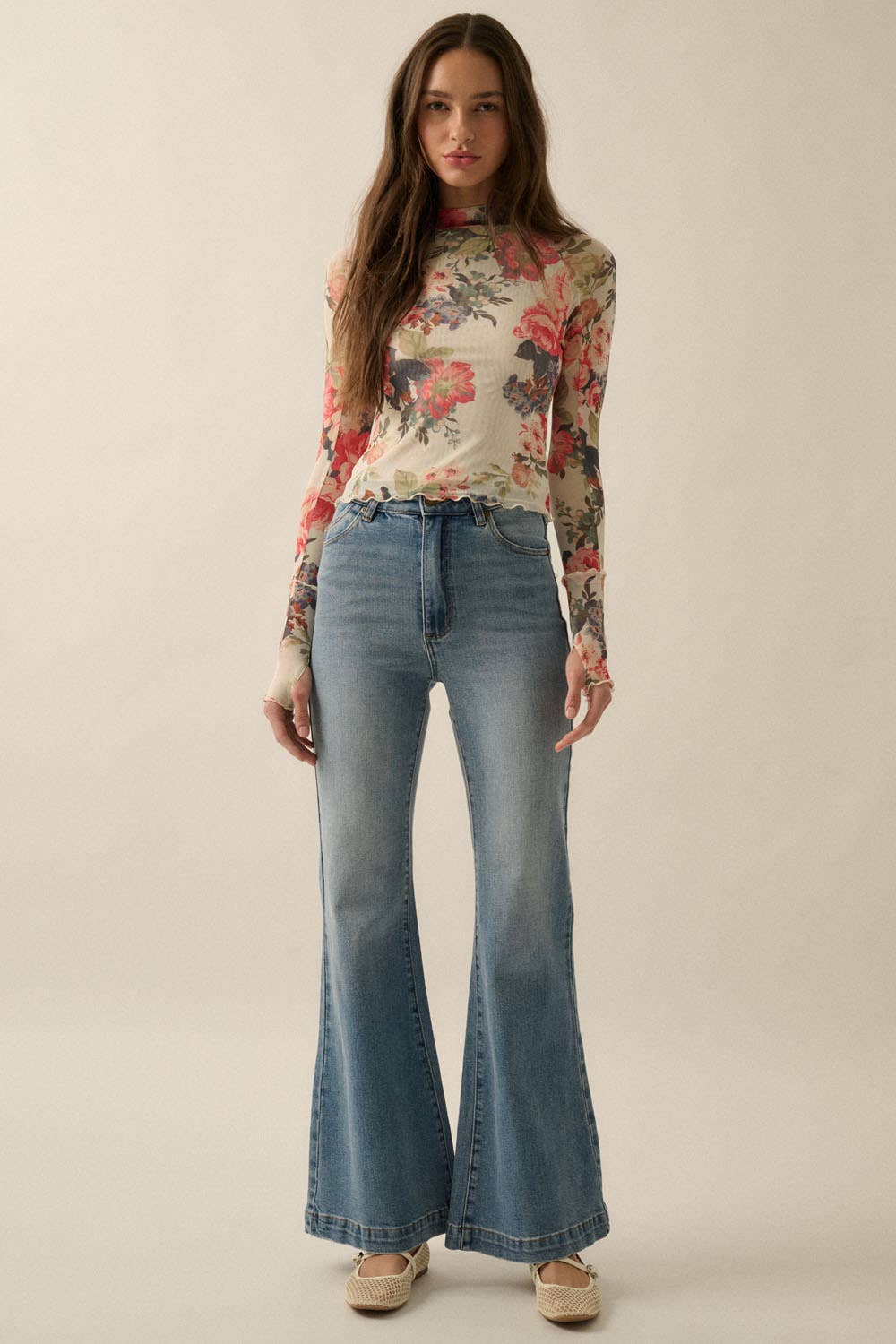 Poppy - Floral-Print Mesh Mock-Neck Thumbhole Top