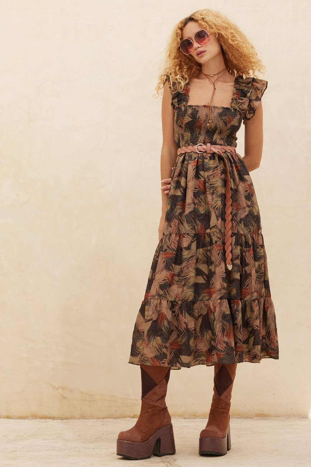 Elaine Abstract-Print Smocked Ruffle Midi Dress