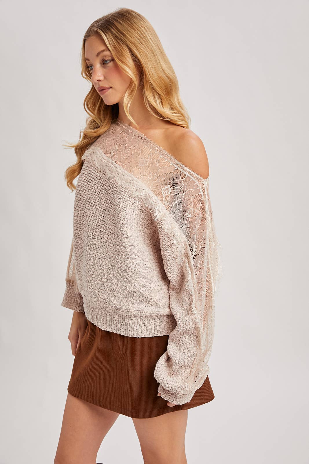 Katie Boat Neck Lace Trimmed Knit Sweater Pullover