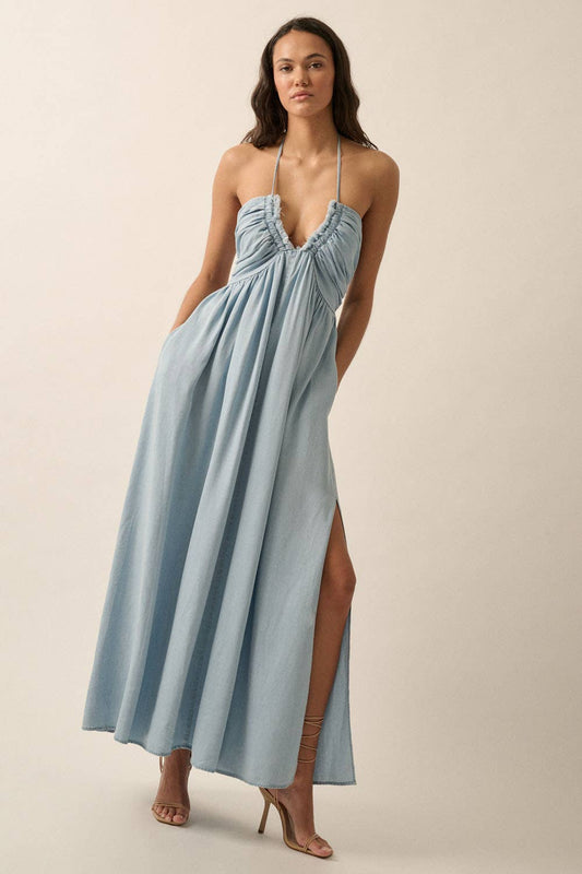 Penny - Plunging Halter-Neck Solid Denim Maxi Dress