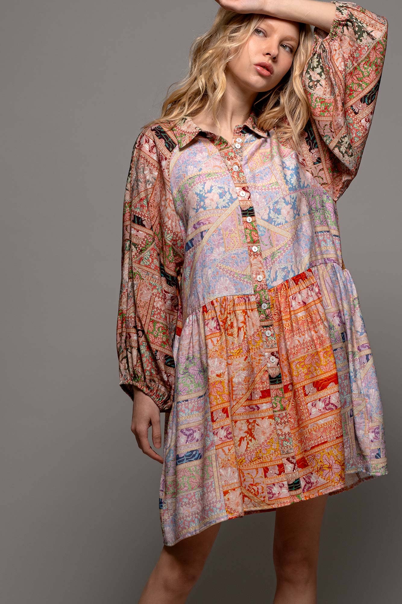 Retro Bohemian Button Down Balloon Sleeve Mini Dress