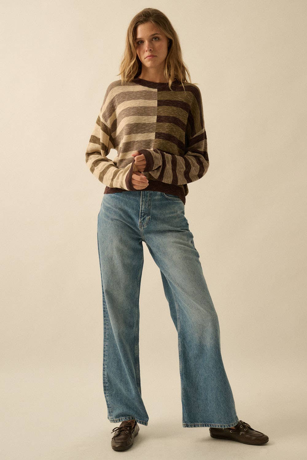 Claire - Contrast Color Stripes Ribbed-Knit Sweater