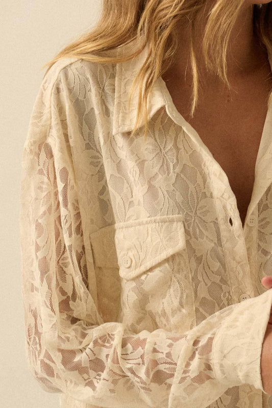 Francine Floral Lace Button-Up Pocket Shirt
