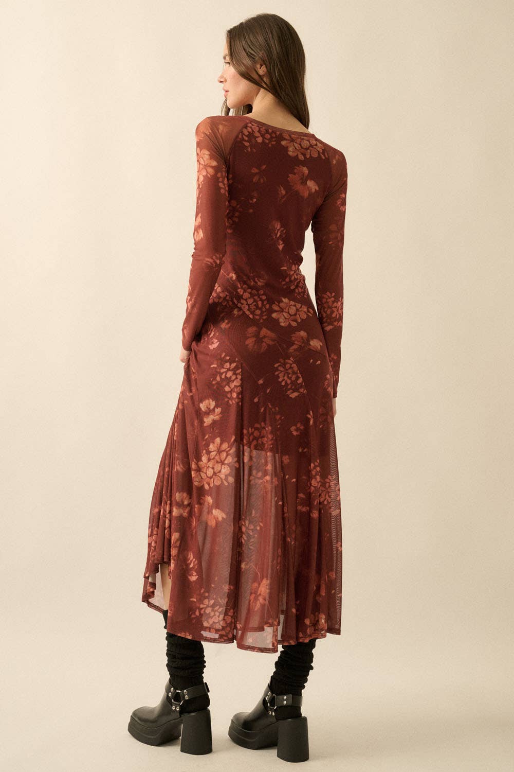 Harriet - Floral Mesh Asymmetrical Paneled Midi Dress