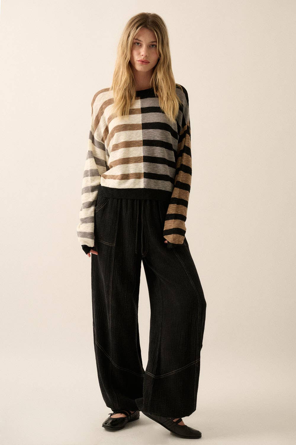 Claire - Contrast Color Stripes Ribbed-Knit Sweater