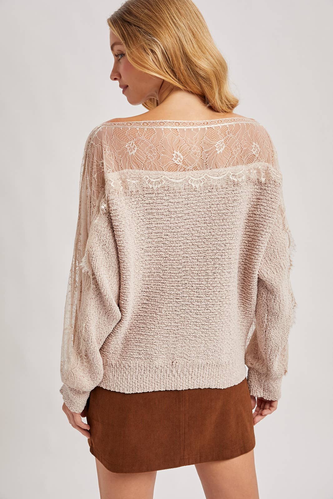 Katie Boat Neck Lace Trimmed Knit Sweater Pullover