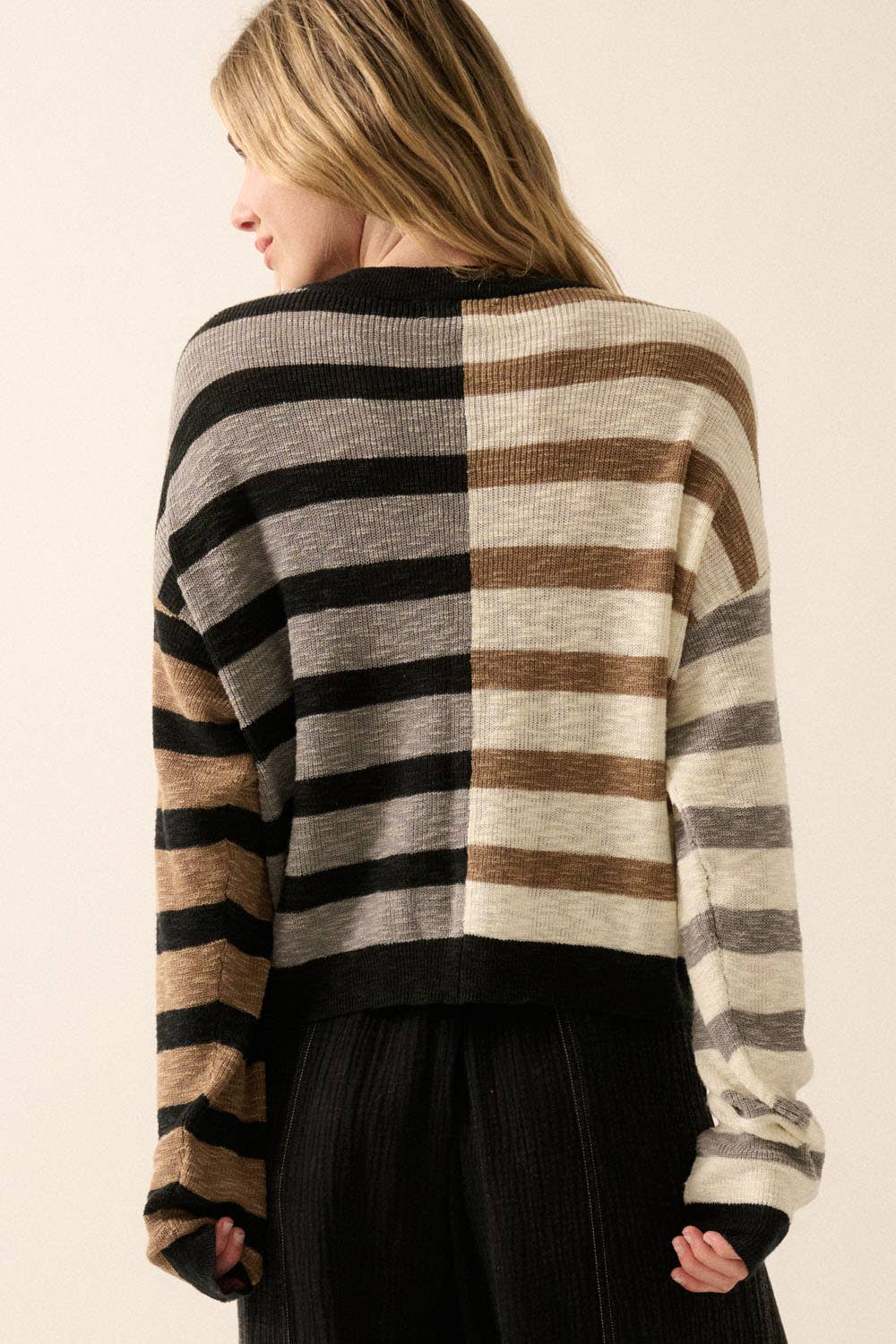 Claire - Contrast Color Stripes Ribbed-Knit Sweater