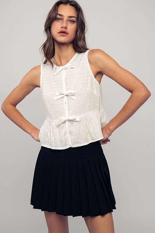 Robin -Romantic Triple Bow Front Textured White Babydoll Vest