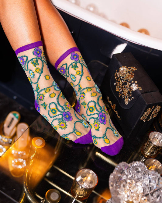 Jeweled Floral Gold Shimmer Sheer Crew Sock